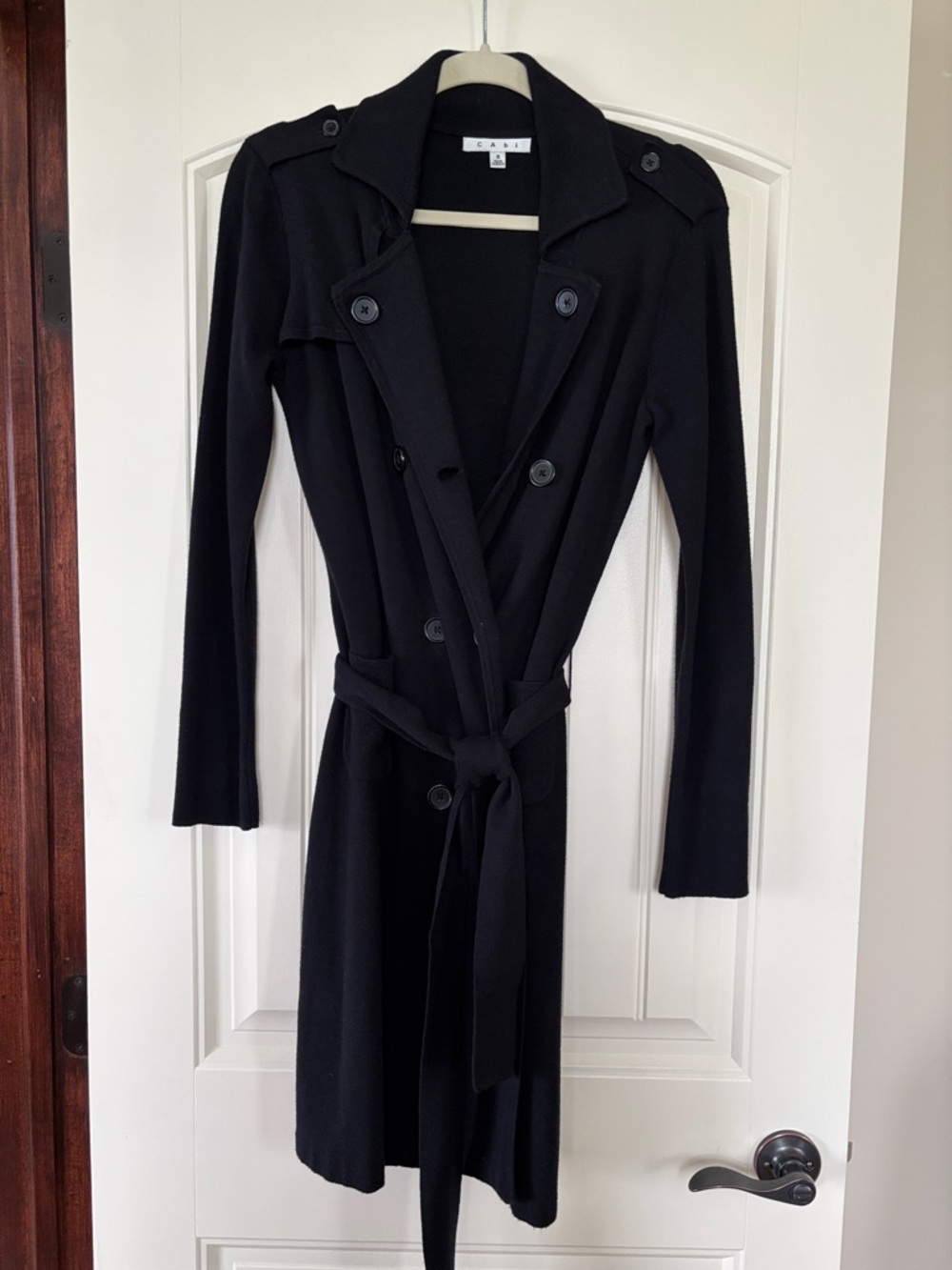 Vintage CAbi Black Long Sleeve Trench-Style sweater with belt. Sz S